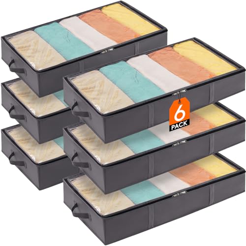 Lifewit 6 Stück 65L Unterbettkommode, Unterbett Kleideraufbewahrung Faltbare Aufbewahrungsbox mit Deckel, Kleidung Aufbewahrungstasche für Kleider Kleidung Unterbett Kleiderschrank, Grau von Lifewit
