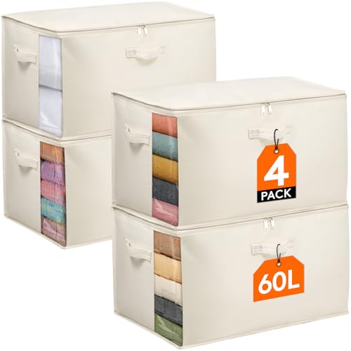 Lifewit 60L Bettdecken Aufbewahrungstasche mit Griffen, Aufbewahrungsbox mit Deckel, Kleideraufbewahrungsbehälter mit Verstärktem Griff für Bettdecken, Kleiderschrank Organizer, Beige, 4 Stück von Lifewit