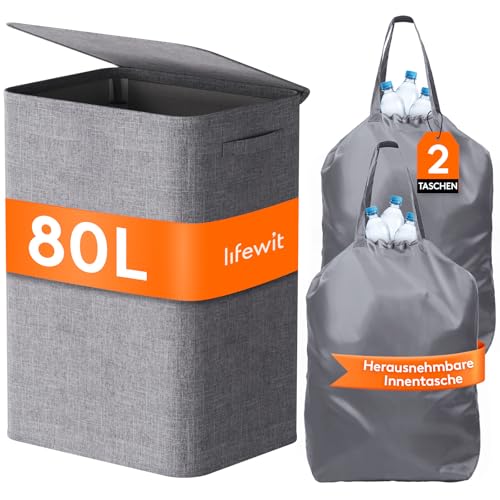 Lifewit 80L Pfandflaschen Sammelbehälter mit Deckel, faltbar und wasserdicht mit Griffen, Groß Flaschensammler mit 2 Flaschentasche, Flaschensammler mit Loch Küche Abstellraum Flaschentasche, Grau von Lifewit