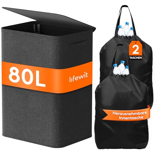 Lifewit 80L Pfandflaschen Sammelbehälter mit Deckel, faltbar und wasserdicht mit Griffen, Groß Flaschensammler mit 2 Flaschentasche, Flaschensammler mit Loch Küche Abstellraum Flaschentasche, Schwarz von Lifewit