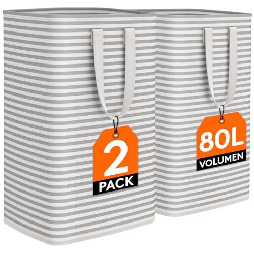Lifewit 2er Set 80L Wäschekorb, Großer Faltbare Wäschebox, Wäschesammler, Wäschesortierer, Aufbewahrungsbox mit Griffen für Kleidung, Handtücher, Spielzeug, Grau von Lifewit