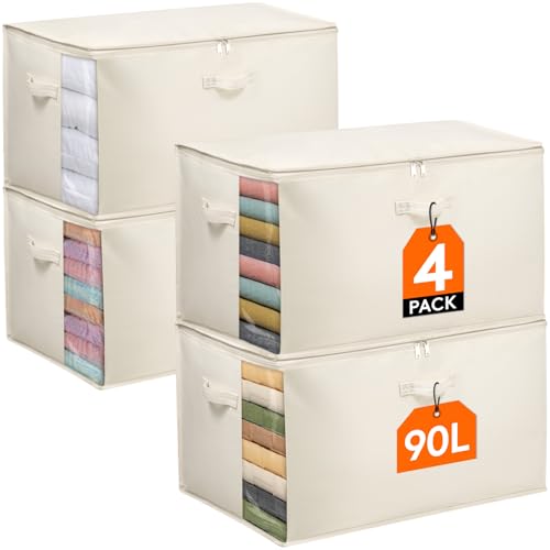 Lifewit 90L Bettdecken Aufbewahrungstasche mit Griffen, Aufbewahrungsbox mit Deckel, Kleideraufbewahrungsbehälter mit Verstärktem Griff für Bettdecken, Kleiderschrank Organizer, Beige, 4 Stück von Lifewit
