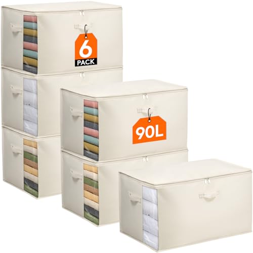 Lifewit 90L Bettdecken Aufbewahrungstasche mit Griffen, Aufbewahrungsbox mit Deckel, Kleideraufbewahrungsbehälter mit Verstärktem Griff für Bettdecken, Kleiderschrank Organizer, Beige, 6 Stück von Lifewit