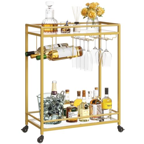 Lifewit Barwagen, Servierwagen mit 2 Etagen Glasböden, rollender Alkoholwagen mit feststellbaren Rädern, Glashalter und Weinregal, Getränkewagen für Küche, Esszimmer und Wohnzimmer, Gold von Lifewit