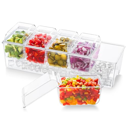 Lifewit abnehmbare Ice Zutatenbehälter mit Deckel, 40,7 x 10,2 x 17,5 cm Frischebehälter, Ice Eiswürfel hinzufügbar, 5 Fächer Behälter zum Garnieren, Serving Bar für Obst/Snacks/Cocktail Zutaten von Lifewit