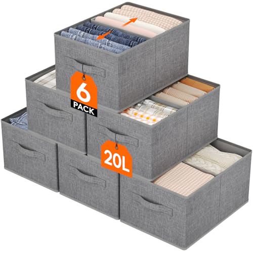 Lifewit Groß 6er Set Aufbewahrungsboxen, faltbarer Kleiderschrank Aufbewahrungskorb mit EntfernbareTrennwand, Aufbewahrungsschublade aus Stoff mit Griff für Kleidung, Hosen, Socken, 40 x 28 x 20 cm von Lifewit
