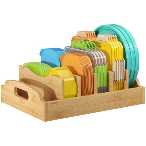 Lifewit Große Deckelhalter, 33,5 x 25 x 9,5 cm Topfdeckel Organizer mit 5 Verstellbaren Trennwänden, Bambus Schubladen Organizer Küche für Deckel Aufbewahrung der Frischhaltedose/Vorratsdose/Lunchbox von Lifewit