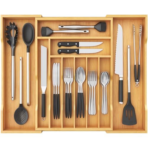 Lifewit Großer Besteckkasten für Schubladen, Verstellbarer Besteckeinsatz Breite bis zu 71 cm, Schubladen Organizer Schubladeneinsatz Küche, Tiefe 47 cm, Bambus Besteckhalter für Löffel/Gabeln/Messer von Lifewit