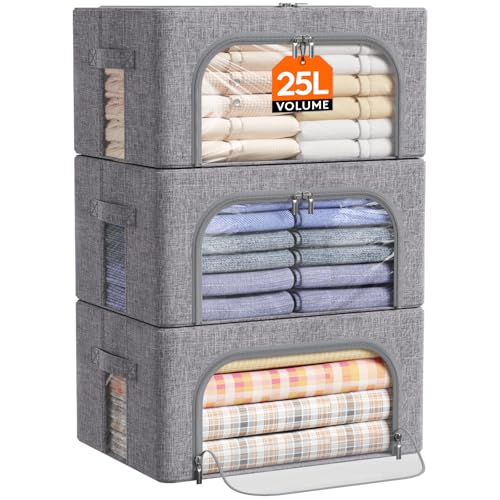 Lifewit 25L Aufbewahrungsbox mit Deckel, Kleidung Aufbewahrung, Faltbare Kleideraufbewahrung mit Metallrahmen, Stoffbox mit Griffen & Fenster, Aufbewahrung Kleiderschrank, 3er Set, Hellgrau von Lifewit