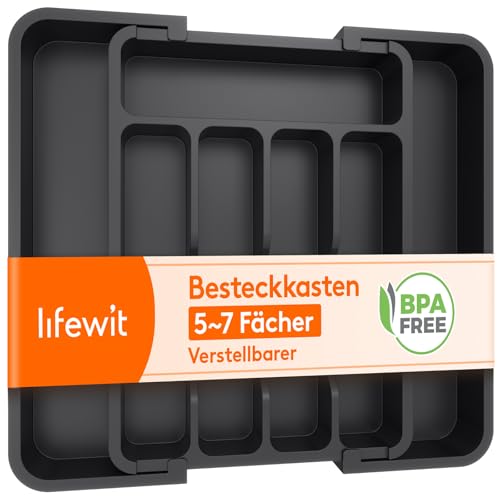 Lifewit Besteckkasten für Schubladen, Verstellbarer Küchenutensilienhalter Tiefe 31 cm, Kunststoff Küche Organizer erweiterbar auf 37 cm, Besteckhalter Utensilienständer für Löffe/Gabeln, Schwarz von Lifewit