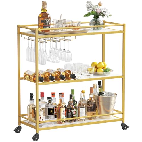 Lifewit Servierwagen, 3-stöckiger Barwagen auf feststellbaren Rädern, Küchenrwagen für 12 Gläser und 4 Weine, Servierwagen mit Rollen für das Esszimmer, 80,2 x 33,2 x 86 cm, Gold Lebenswit von Lifewit