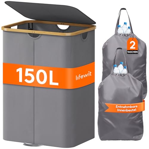 Lifewit 150L Pfandflaschen Sammelbehälter 2 fächer mit Deckel, Groß Pfandflaschen Behälter 2 Tragetasche für ErhaltenFlaschensammler eignet Sich für Küche, Küche Abstellraum Flaschentasche, Grau von Lifewit