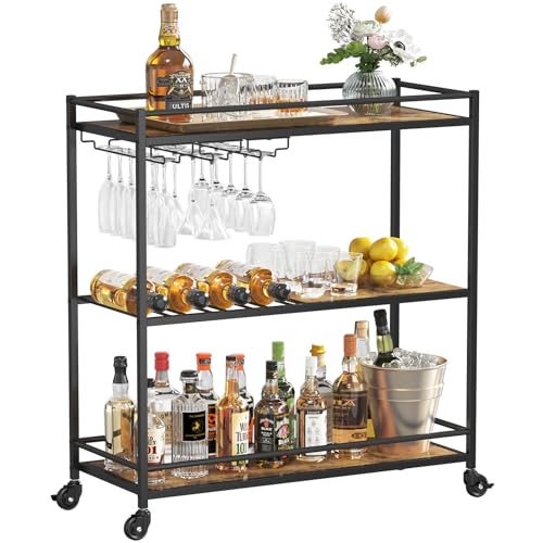 Lifewit Servierwagen, 3-stöckiger Barwagen auf feststellbaren Rädern, Küchenrwagen für 12 Gläser und 4 Weine, Servierwagen mit Rollen für das Esszimmer, 80,2 x 33,2 x 86 cm, Schwarz von Lifewit