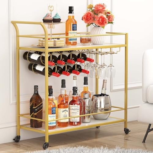 Lifewit Servierwagen mit Rollen, Küchenregal, 2-stöckiger Barwagen mit 9 Weinflaschenregalen, Küchenwagen für Esszimmer, Wohnzimmer, Innenbereich, 80 x 33,2 x 87,8 cm, Gold von Lifewit