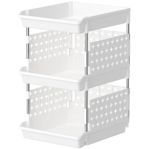 Lifewit Stapelbare Aufbewahrungsboxen, 3-etagiges Korbregal für Garderobe, Küchenwagen für Gemüse, Schrank, 35 x 30 x 54 cm, Weiß von Lifewit