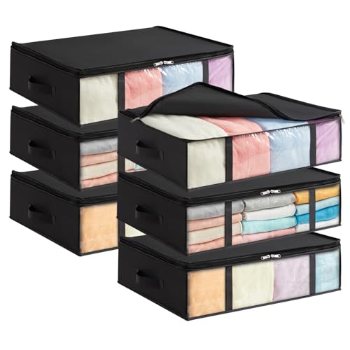 Lifewit 6 Stück 40L Unterbett Aufbewahrungsbox, Faltbare Unterbettkommode Aufbewahrungstasche Storage Boxes mit Deckel, Unterbett Aufbewahrung für Kleider Unterbett Kleiderschrank, Schwarz von Lifewit