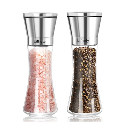 Salz und Pfeffermühle 2er Set mit einstellbarem Keramikmahlwerk, Pfeffer Mühle und Salzmühle Mahlwerk, Gewürzmühle und Salt Pepper Grinder Edelstahl und Glas von Lifhety