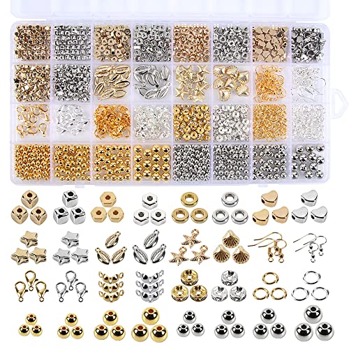 1468 Stück 32 Gitter perlen für armbänder, Metall-Abstands perlen, Gold-Silber-Liebesstern runde quadratische Perlen, perlen zum auffädeln erwachsene zum Basteln für DIY-Ketten, Ringe und Armbänder von Lifreer