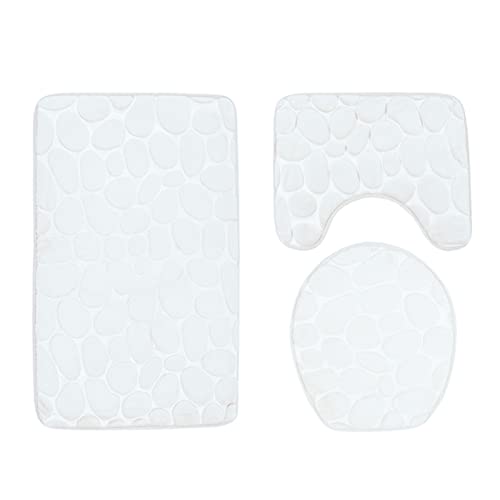 Lifup Badematte 3er Set, Weiche rutschfeste Wasserabsorbierend Badezimmermatte Duschvorleger, 1 Badezimmer Teppiche, 1 Toilettenmatte, 1 Toilettensitzbezug Weiß von Lifup