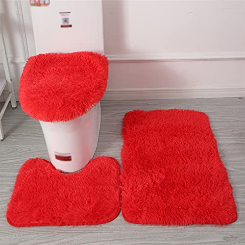 Lifup Badteppich Set 3 Teiliges, rutschfeste Shaggy Badematte, Flauschig Contour Badteppich, Langflor Toilettensitzbezug Rot von Lifup