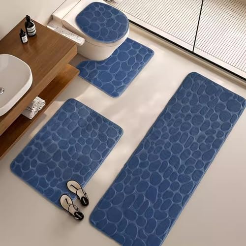 Lifup Badteppich Set 4 Teiliges, rutschfeste Mikrofaser Flauschige Badematte Saugfähig Contour Badezimmerteppich mit Toilettendeckelabdeckung Blau 2 50x80cm+40x60cm+U40x50cm+40x40cm von Lifup