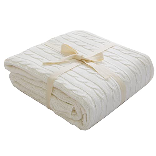 Lifup Gestrickte Decke aus 100% Baumwolle Warme Weiche Zopfmuster Kuscheldecke für Bett Sofa Couch Weiß 110x180cm von Lifup