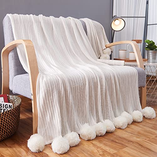 Lifup Gestrickte Decke mit Bommeln Warme Weiche Kuscheldecke 100% Baumwolle Schlafdecke für Bett Sofa Couch Weiß 150x200cm von Lifup