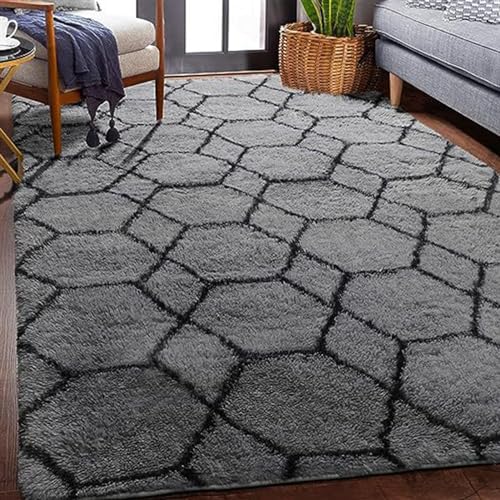 Lifup Hochflor Teppich Super Weich Shaggy Teppich Flauschiger, Vintage Schlafzimmer Geometrisches Design Modern, Teppich Wohnzimmer Schlafzimmer Grau schwarz 100 x 140 cm von Lifup