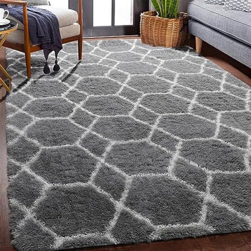 Lifup Hochflor Teppich Super Weich Shaggy Teppich Flauschiger, Vintage Schlafzimmer Geometrisches Design Modern, Teppich Wohnzimmer Schlafzimmer Hellgrau 2 100 x 140 cm von Lifup