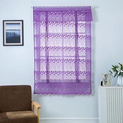 Lifup Voile Transparent Scheibengardine Bistrogardine mit Blumen Halb Transparent Privatsphäre Fenstervorhang Gardine für Kleine Fenster Küche Wohnzimmer Landhaus Violett 80B x 140H (cm) von Lifup