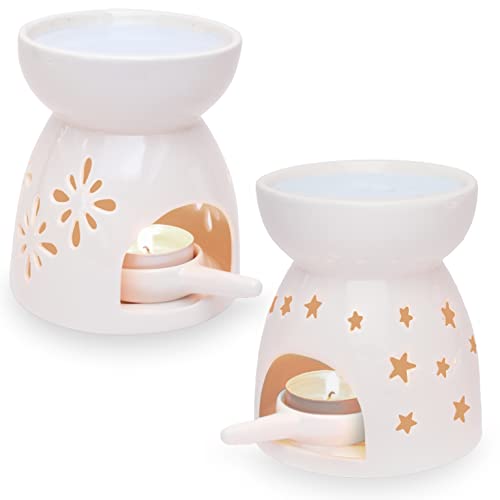 Ligano Duftlampe aus Keramik – Aromalampe mit Teelicht-Halter – Blumen und Sterne Muster (2er Set) von Ligano