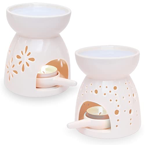 Ligano Duftlampe aus Keramik – Aromalampe mit Teelicht-Halter – Duftlicht 2er Set (Blumen und Punkte) von Ligano