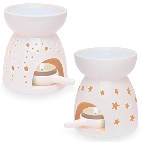 Ligano Duftlampe aus Keramik – Aromalampe mit Teelicht-Halter – Punkte und Sterne Muster (2er Set) von Ligano