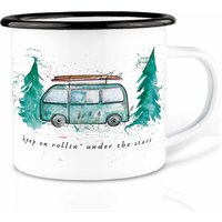 Emaille Tasse | Leicht & Robust | »Camping Bulli/ Bus/ Van« Camping Becher Handveredelt in Deutschland Cup, Kaffeetasse, Emaillebecher von Ligarti