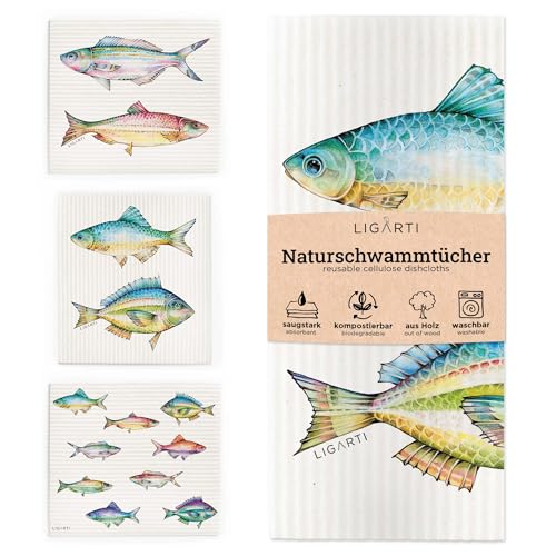 Ligarti® Schwammtücher aus Holz (100% öko & waschbar) 3er Set Spültücher nachhaltig kompostierbar I Allzwecktücher für den Haushalt Made in Germany I Spüllappen, Spülschwamm (Bunte Fische) von Ligarti