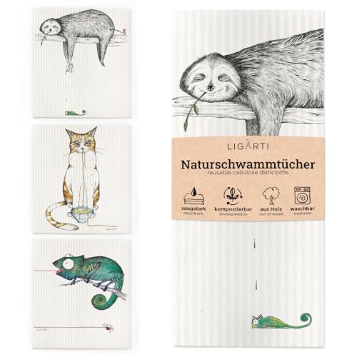 Ligarti® Schwammtücher aus Holz (100% öko & waschbar) 3er Set Spültücher nachhaltig kompostierbar I Allzwecktücher für den Haushalt Made in Germany I Spüllappen, Spülschwamm (Lecker Schmecker) von Ligarti