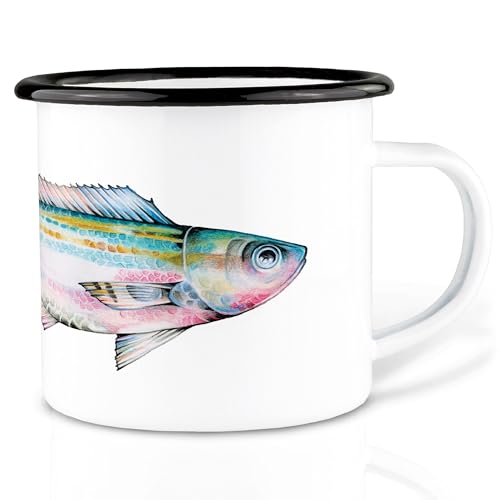 Ligarti Emaille Tasse (leicht & robust) | Camping Becher handveredelt in Deutschland | Trinkbecher für Kinder, Kaffeetasse, Emaillebecher | Fisch von Ligarti