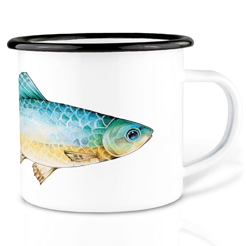 Ligarti Emaille Tasse (leicht & robust) | Camping Becher handveredelt in Deutschland | Trinkbecher für Kinder, Kaffeetasse, Emaillebecher | Fisch von Ligarti