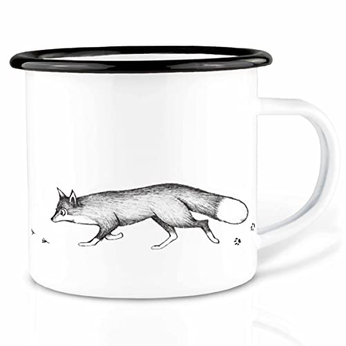 Ligarti Emaille Tasse (leicht & robust) | Camping Becher handveredelt in Deutschland | Trinkbecher für Kinder, Kaffeetasse, Emaillebecher | Essende Tiere (Fuchs und Ganz, 500ml) von Ligarti