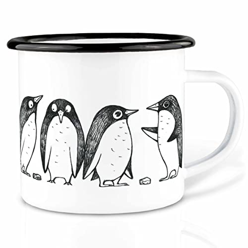 Ligarti Emaille Tasse (leicht & robust) | Camping Becher handveredelt in Deutschland | Trinkbecher für Kinder, Kaffeetasse, Emaillebecher | Pinguin Duo (Pinguin Lovestory, 300ml) von Ligarti