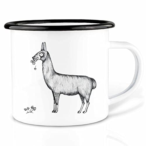 Ligarti Emaille Tasse (leicht & robust) | Camping Becher handveredelt in Deutschland | Trinkbecher für Kinder, Kaffeetasse, Emaillebecher | Verfressene Tiere (Lama, 300ml) von Ligarti