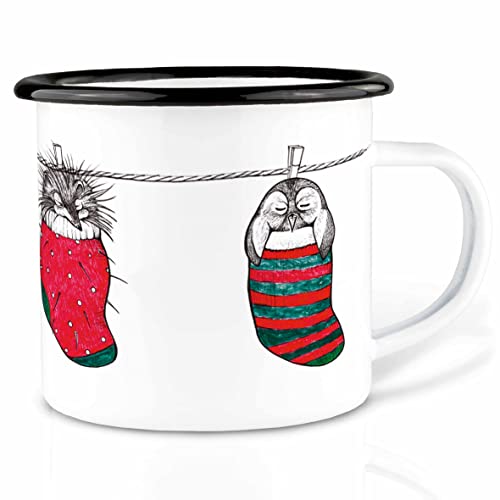 Ligarti Emaille Tasse (leicht & robust) | Camping Becher handveredelt in Deutschland | Teetasse für Weihnachten, Kaffeetasse, Emaillebecher | Weihnachten (Sockentiere, 300ml) von Ligarti