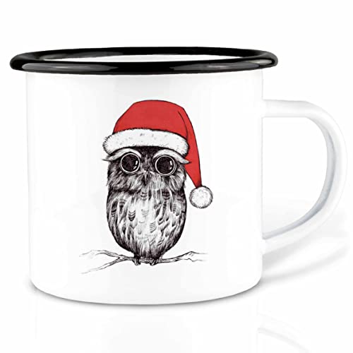 Ligarti Emaille Tasse (leicht & robust) | Camping Becher handveredelt in Deutschland | Teetasse für Weihnachten, Kaffeetasse, Emaillebecher | Weihnachten (Weihnachtseule, 300ml) von Ligarti