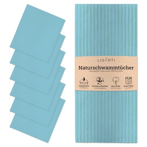 Ligarti Schwammtücher aus Holz (100% öko & waschbar) 6er Set Spültücher nachhaltig kompostierbar I Allzwecktücher für den Haushalt Made in Germany I Spüllappen kompostierbar (Türkis I 6Set) von Ligarti