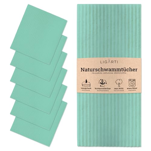 Ligarti Schwammtücher aus Holz (100% öko & waschbar) 6er Set Spültücher nachhaltig kompostierbar I Allzwecktücher für den Haushalt Made in Germany I Spüllappen kompostierbar (Minzgrün I 6Set) von Ligarti