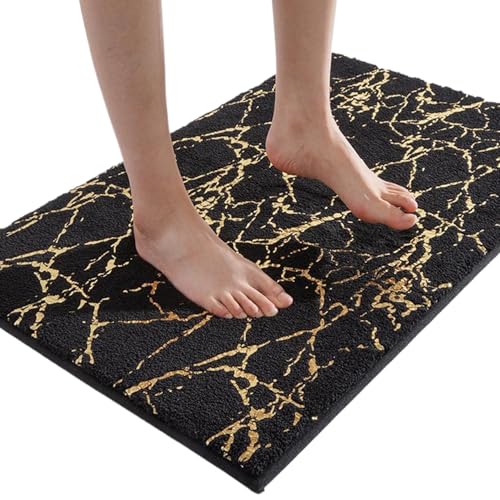 Badmatte 16x24in Starke absorbierende Badezimmermatte mit goldener Textur nicht rutschfest trocknend Polyester Dusche Teppich Weiche dicke maschinelle Waschmaschine für Küche, Wohnzimmer, schwarze Ba von Ligeinsrk