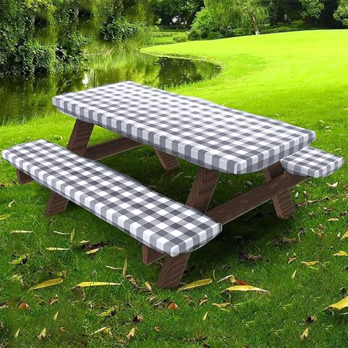 Picknicktischabdeckung mit Bankabdeckungen, grau weiße Plaid PVC wasserdicht von Ligeinsrk