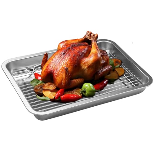 Röstenpfanne mit Rack 14.2x10.7x1.9 in Edelstahl Röstpfanne Nicht -Stahl -Stahlbackblech mit Kühlregal schwer, rostfrei, warfbeständig, leicht zu reinigen, mit Draht, Draht von Ligeinsrk