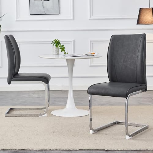 Lighluxy Elegantes Design im europäischen Stil: 2 Stühle mit grauem verrücktem Pferdeleder Textur PU Komfort Sitzen mit silbernen Metallbeinen. Kombinieren Sie Eleganz mit modernem Design von Lighluxy