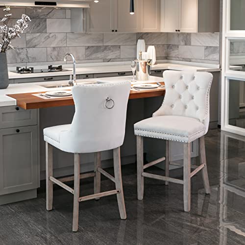 Lighluxy Moderne Barhocker mit Samtbezug, Knopfverzierung, Holzbeinen und Chrom-Nagelkopfverzierung, Barstühle im Freizeitstil, Barhocker, 2er-Set (beige) von Lighluxy